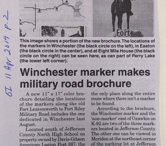 Winchester Marker Makes Military Road Brochure, 11 Apr 2019, Newspaper clipping about marker honoring military road, Winchester, Kansas, Photo courtesy of Jefferson County Historical Society