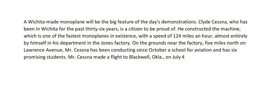 Comet and Flight School" - The Wichita Daily Eagle newpaper article typed document 7/12/1917