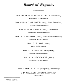 The new Board of Regents list published in the college's 1896-97 catalogue. Courtesy, Morse Department of Special Collections, Kansas State University Libraries.